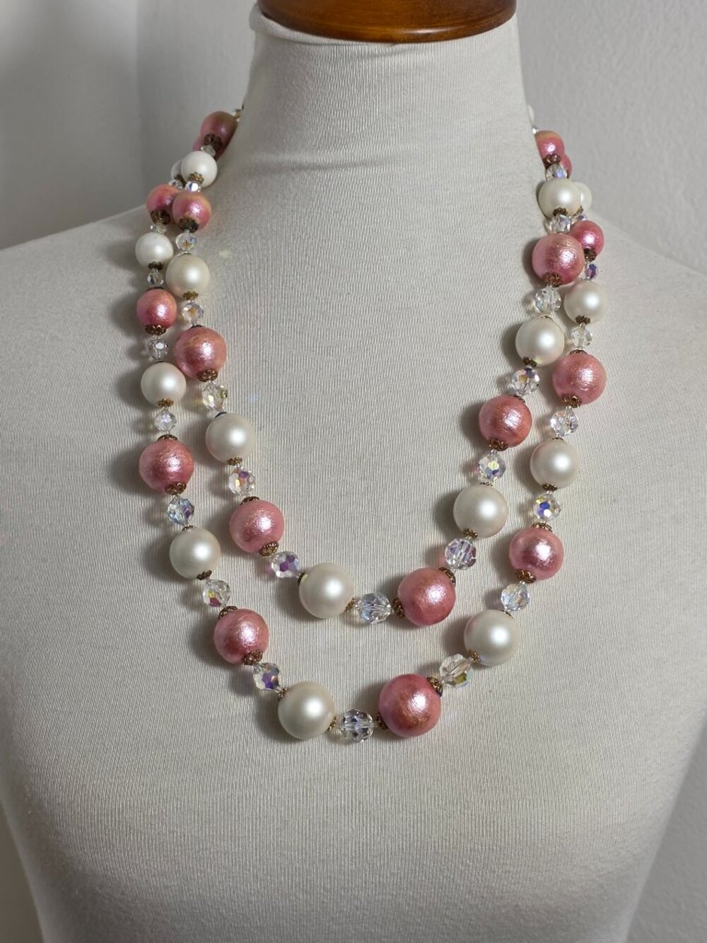 Vintage Multi-Strand Pink & White Faux Pearl and Pink Sugar Bead Necklace